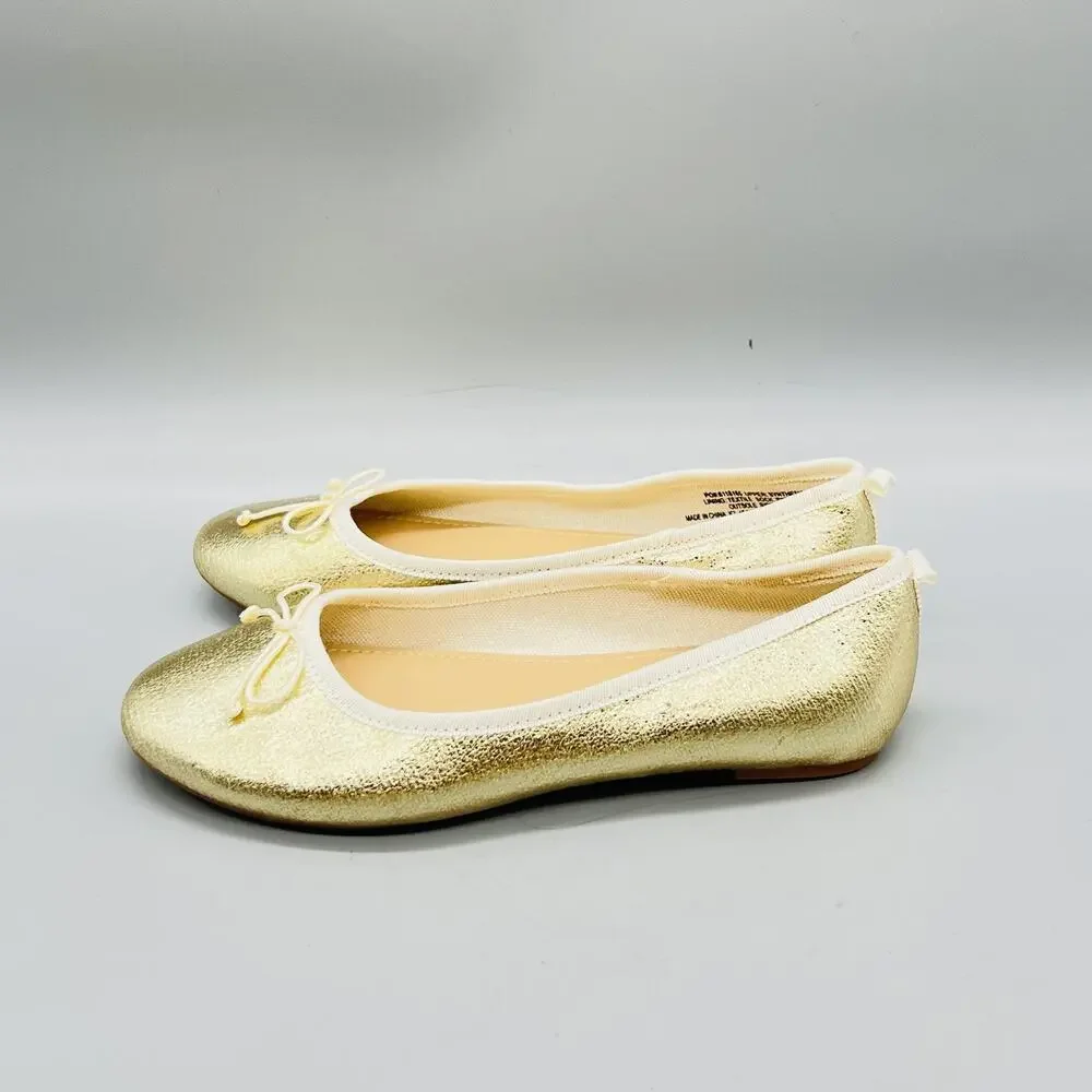 J Crew Shoes Girls 2 Gold Metallic Ballet Flats Bow Slip On Dress Casual Party
